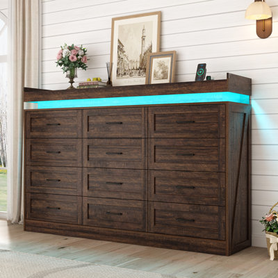12 Drawer 71.00"W Dresser With LED Light And Charging Station