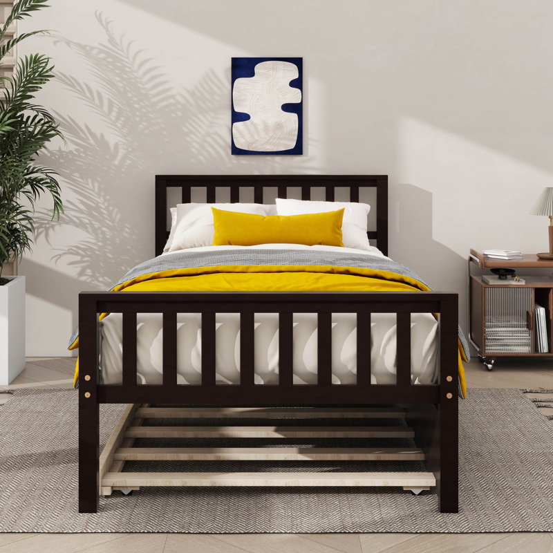 Structure de lit plateforme en bois robuste avec lit gigogne extensible, Espresso