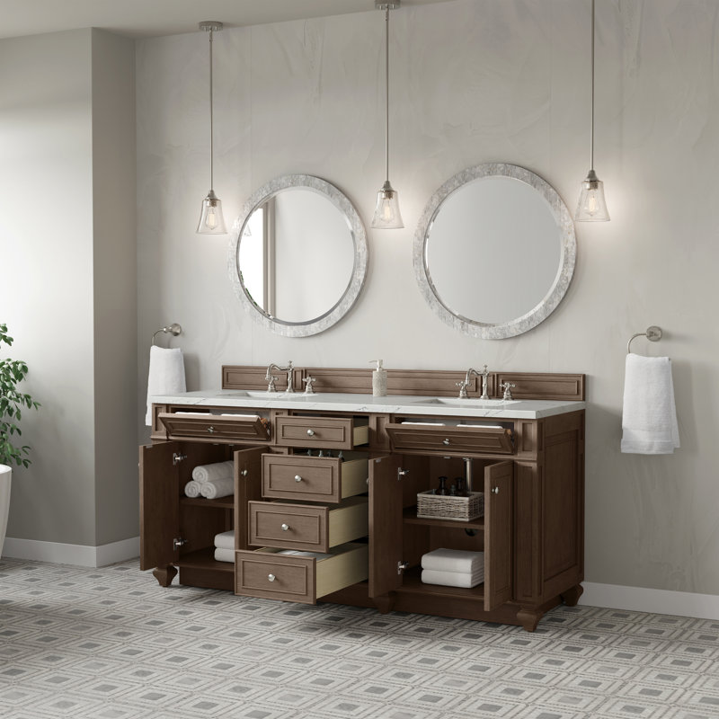 Meuble-lavabo double l 72 po Bristol, Noyer blanchi, Noctis éthéré, 8 po