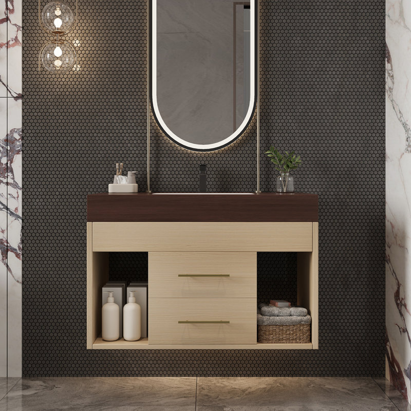 Ensemble de meuble-lavabo flottant 29,9 po avec lavabo sous-comptoir en céramique fritté et fixation murale pour petites salles de bain, appartement