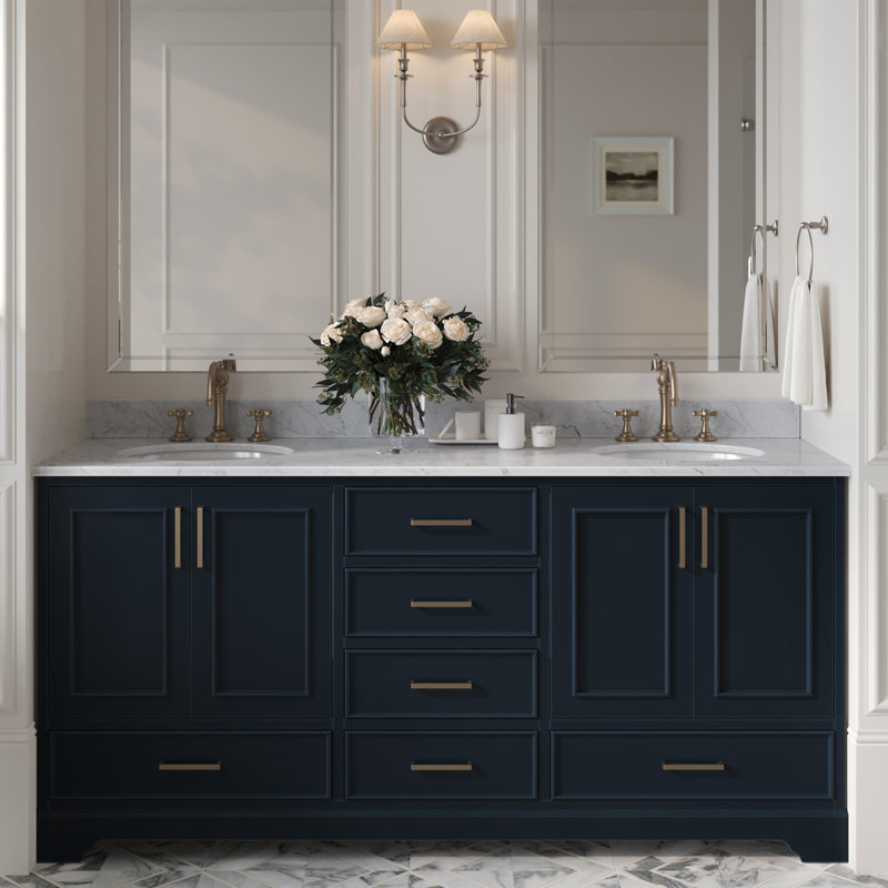73'' Double Bathroom Vanity with Carrara Marble Top, Midnight Blue