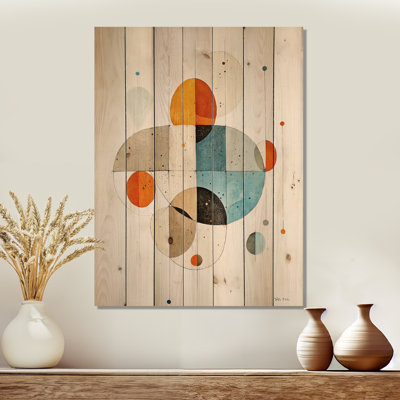 Mid Century Forms Radiant Of Geometry IV - Midcentury Orange Wood Print On Natural Pine Wood
