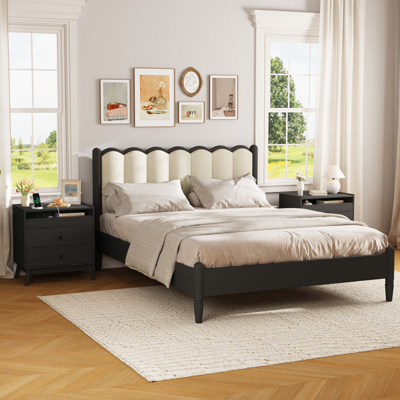 3 - Drawer Nightstand, 24“ W Wood Bedside Table With Built-In Outlets And Solid Wood Legs(Set Of 2), Set of 2, Black