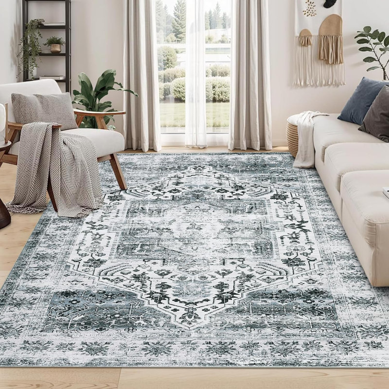 Rug Kitchen Hallway Entryway – Vintage Floral Oriental Design Non-Slip Stain Resistant Low Pile Floor Covering (Blue)
