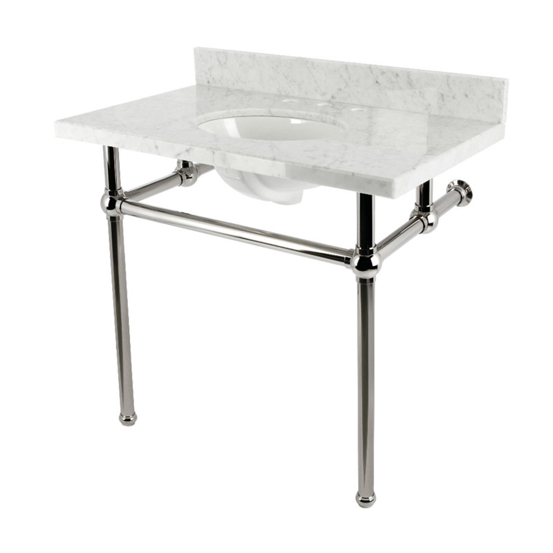 Kingston Brass Templeton 36-Inch Carrara Marble Console Sink with Brass Legs (8-Inch, 3-Hole), Marble White/Polished Nickel