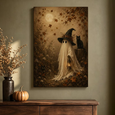 Tableau sur toile tendue représentant une lanterne d'Halloween vintage, un fantôme et des chats noirs, 50 x 75 cm, prêt à accrocher