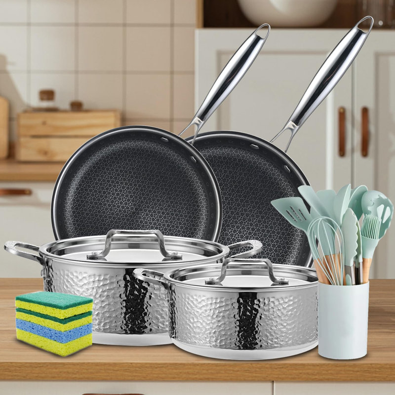 Ensemble de batterie de cuisine en acier inoxydable à trois épaisseurs 20 pièces avec poêles à frire et casseroles martelées Vivicreat