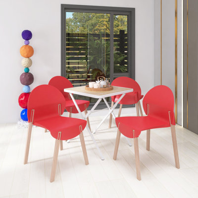 5 Piece Dining Table Set, 4 Chairs with PP Seat and Red Oak Wood Legs, 28 Inch Modern Folding Indoor/Outdoor Square Table with PP Tabletop and Metal Legs
