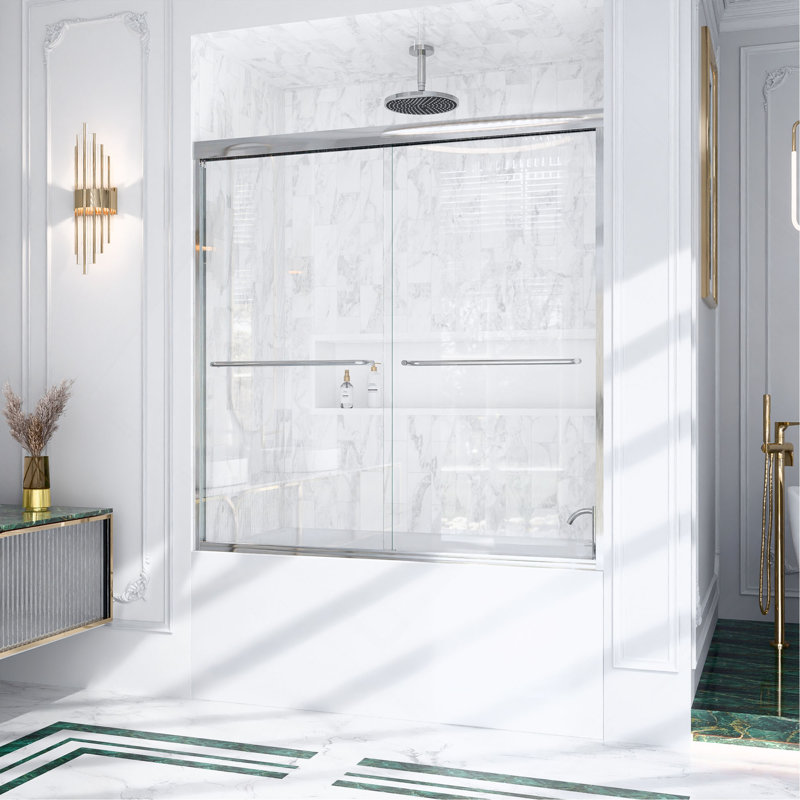Porte de douche coulissante double semi-sans cadre H 56 po x l 60 po x H 60 po, porte de douche à dérivation, porte en verre trempé épais de 1/4 po (6 mm)