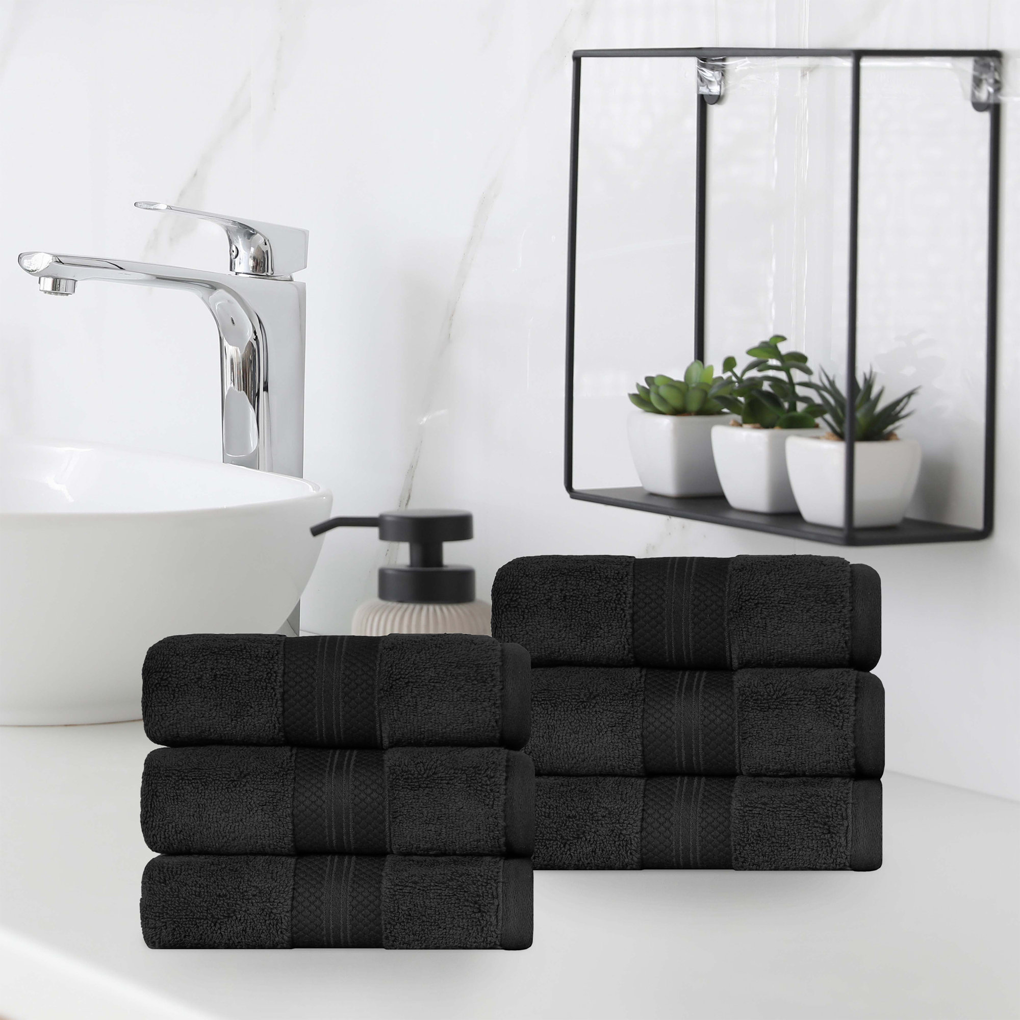 Finnian Ultra-Plush Heavyweight, 100% Turkish Towel Collection, Black, Hand Towels - 6 Pack