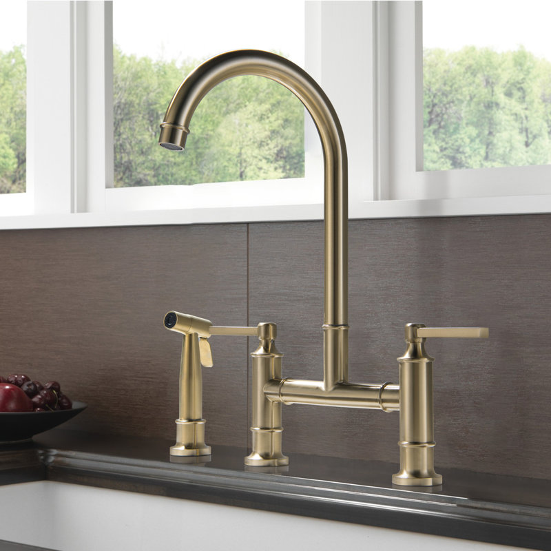 Selected Bridge Double Handles Kitchen Faucet With Side Spray, Brushed Gold