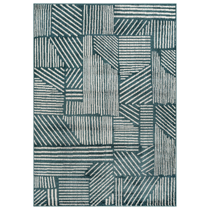 Rambo Geometric Black/Ivory Area Rug, Rectangle 5' x 7', Teal