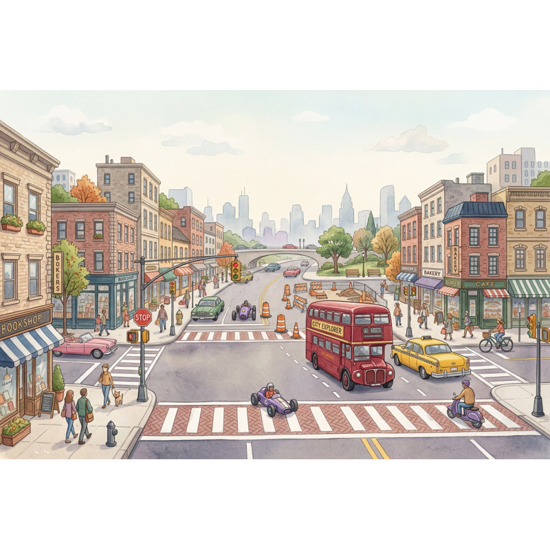 Papier peint Street Intersection Cityscape, 140 po x 108 po, Peler et coller