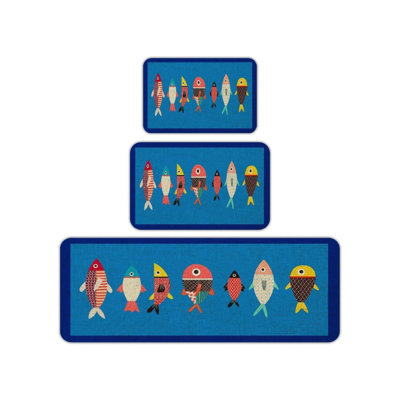 Blue Multicolor Fish Kitchen Rug 3 Piece Set for Kitchen & Bathroom