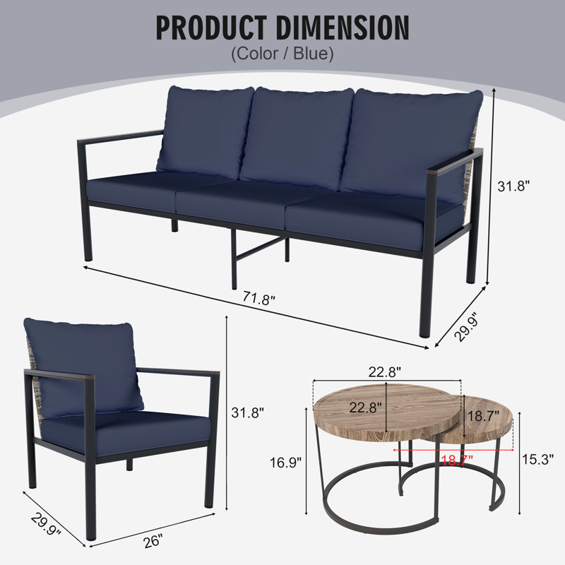 4-Piece All-Weather Wicker Patio Set: 3-Seat Sofa, 2 Chairs,A Tea Table with Cushions - Perfect for Poolside & Backyard, Blue