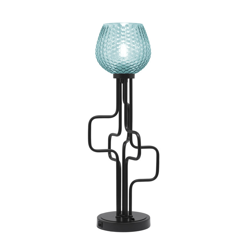 Lampe décorative Amarmula, avec ports USB, finition noir mat, verre texturé turquoise 6 po, Noir, Sarcelle