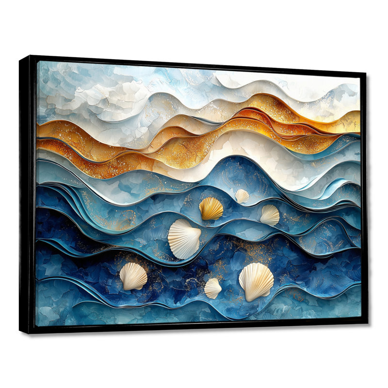 Abstrait coquillage et plage vue aérienne VI - art mural bord de mer, H 34 po x l 44 po, Cadre flottant, Noir