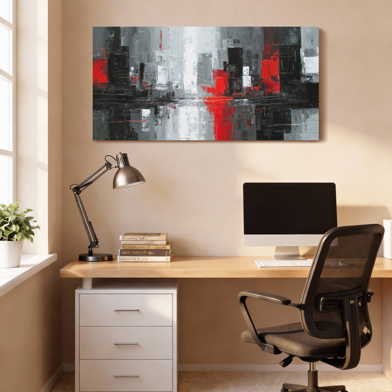 Ensemble de 1 tableau abstrait géométrique rouge, noir et gris sur toile tendue, H 20 po x l 40 po