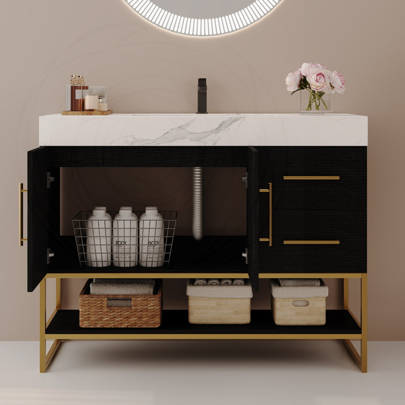 Meuble-lavabo autoportant moderne 36 po avec détails, Noir, Blanc