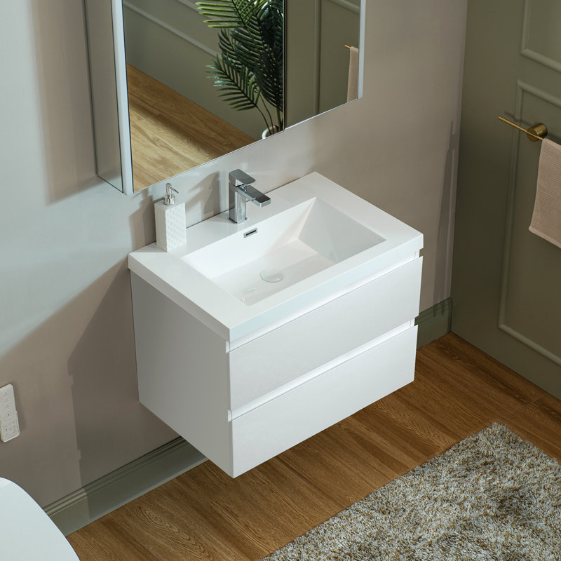 Meuble-lavabo flottant mural 30 po avec comptoir en résine composite, Blanc, Blanc, 30"