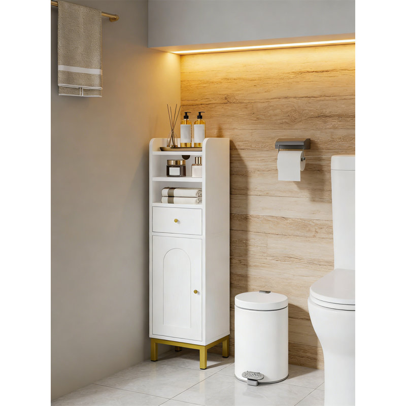 Corner Floor Cabinet With Drawers And Doors, Narrow Toilet Paper Holder, Adjustable Shelf For Small Spaces, White