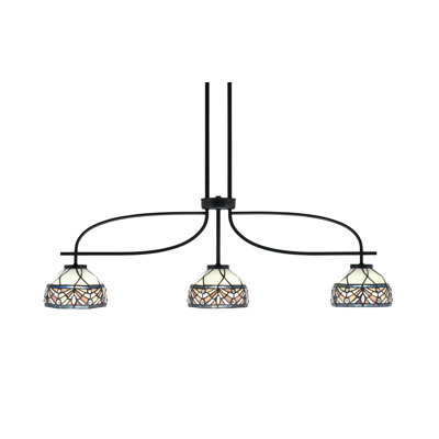 Ameliamae Cavella 3 Light Island Light Shown In Matte Black Finish With 7" Royal Merlot Art Glass