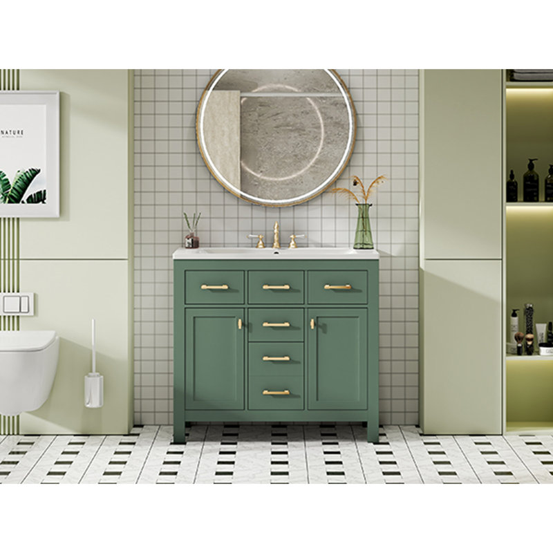 Ensemble de meuble-lavabo simple 36 po avec lavabo en céramique 36 po, armoire de salle de bain moderne autoportante avec 4 tiroirs et 2 armoires, meuble de rangement pour salle de bain, ensemble de meuble-lavabo avec cadre en bois massif, vert