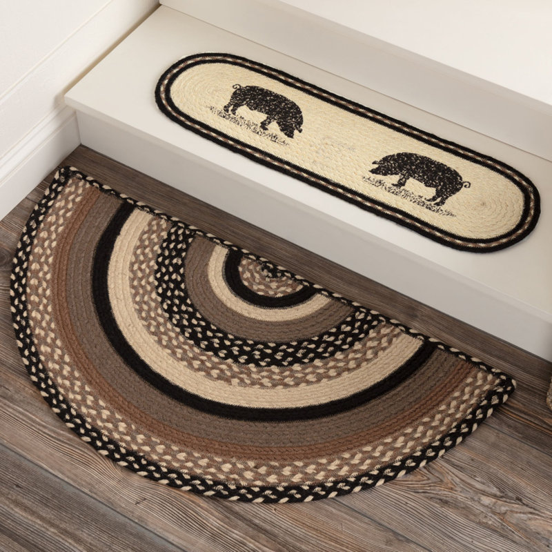  Tapis noir / gris à motif géométrique en jute tressé, Demi-cercle 1 pi 4 po x 2 pi 9 po