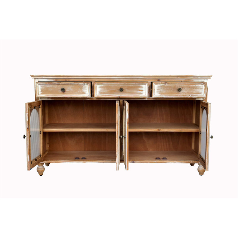 Buffet rustique avec 3 tiroirs et 4 portes vitrées, espace de rangement spacieux pour la cuisine et la salle à manger