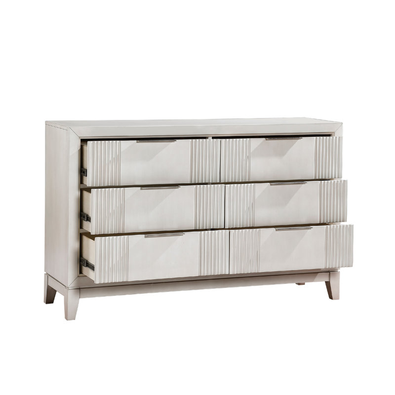 Commode Flo 60 po, 6 tiroirs, bois blanc antique, poignées chromées