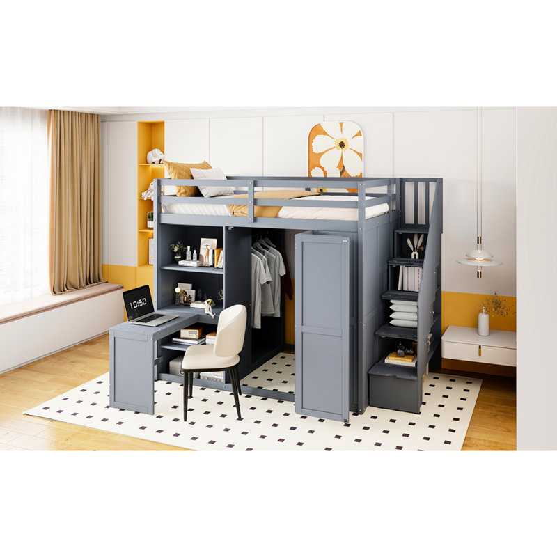 Lit mezzanine double avec garde-robe, bureau et tablettes en gris, transition harmonieuse vers un espace de rangement privé, améliorant la fonctionnalité de votre chambre à coucher
