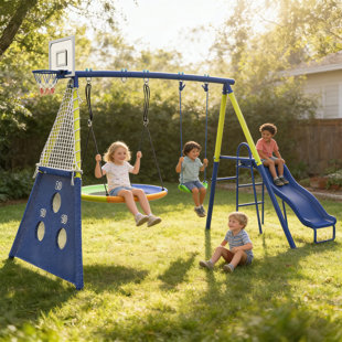 Ensemble de balançoire en métal robuste pour enfants 5 en 1 avec glissoire, balançoire à soucoupe, balançoire à ceinture, buts de soccer et panier de basketball