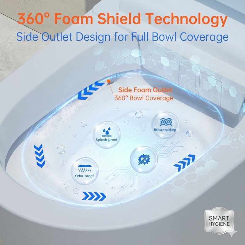 Smart Bidet Toilet Built in Tank, with Clean Foam Shield Splash Proof, Dual-Flush Elongated Toilet Bidet, Auto Open/Close Lid, ADA Comfort Height, One-Piece Toilet