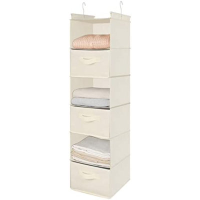 6 Tier Shelf Hanging Closet Organizer, Closet Hanging Shelf With 2 Sturdy Hooks For Storage, Foldable (Beige-D3)