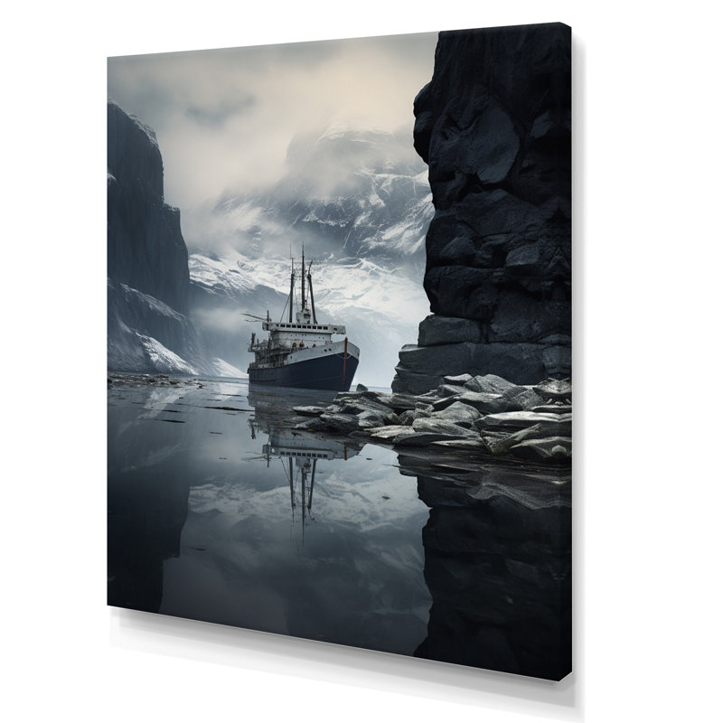 Bateau entrant dans le fjords, H 20 po x l 12 po, Toile tendue