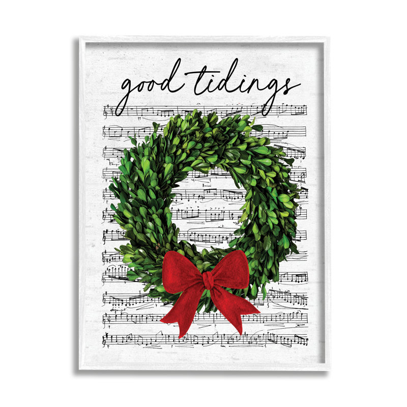 Ba-834 - Couronne de Noël Good Tidings encadrée sur bois, imprimée avec lettres et lignes, H 14 po x l 11 po x P 1,5 po