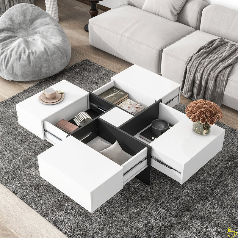 Coffee Table With 4 Hidden Storage Compartments, Square Cocktail Table With Extendable Sliding Tabletop, UV High-Gloss Design Center Table