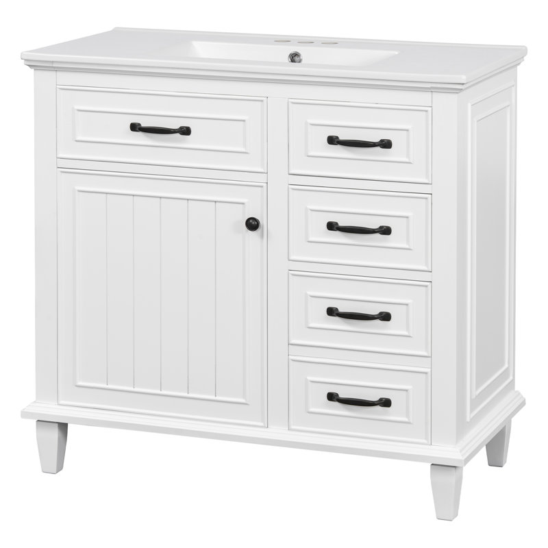 36‘’ Bathroom Vanity With Ceramic Top, Flip Drawers And Adjustable Shelf, White/Black