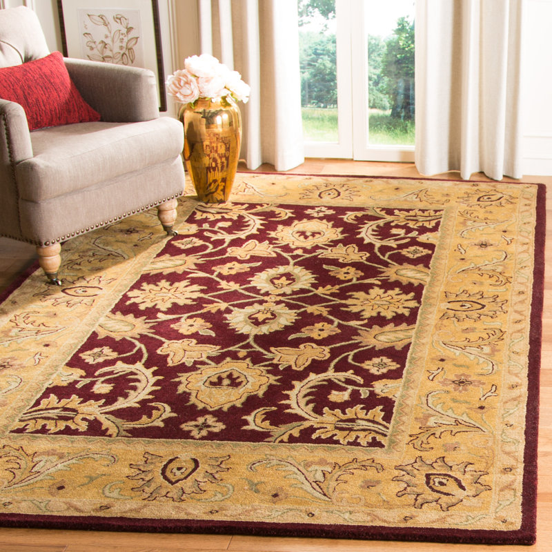 Tapis bourgogne / doré en laine touffeté à la main Bromley, Rectangle 8 pi 3 po x 11 pi