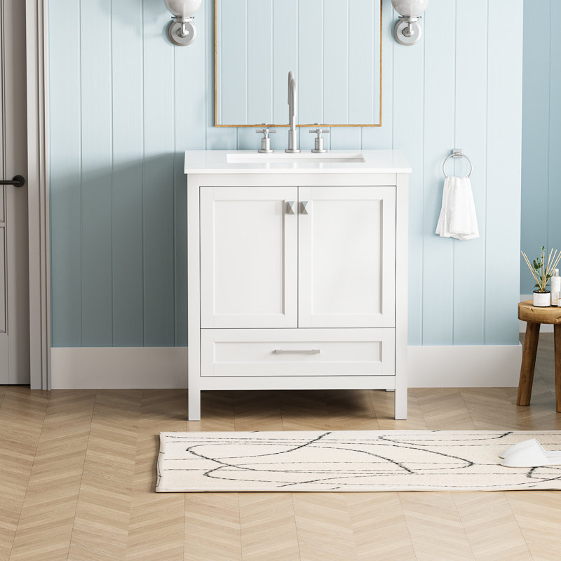 Meuble-lavabo de 30 po avec comptoir en marbre, armoire en bois massif blanc. Portes de style moderne à fermeture en douceur. Conception entièrement assemblée 24V03-30Wh,