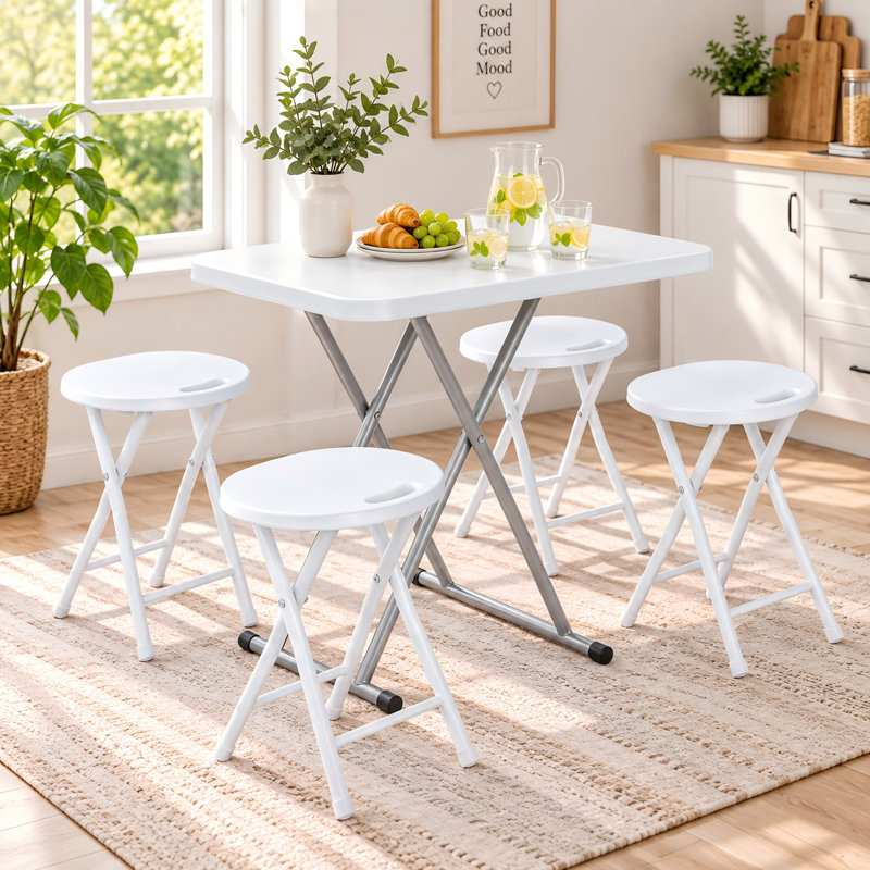 Ensemble table et chaises pliantes 5 pièces avec 4 tabourets, gain de place pour la cuisine et le petit-déjeuner, mobilier idéal pour les petits espaces (appartement, dortoir), acier et PEHD, blanc