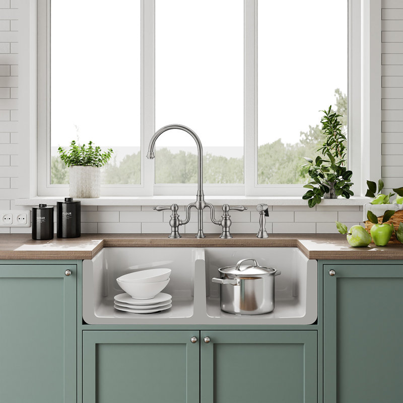 Glossy White Fireclay Double Bowl Farmhouse Kitchen Sink