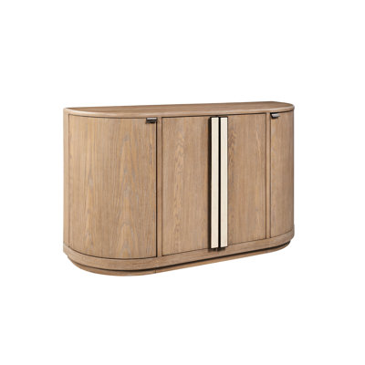 Desserte caramel avec un profil en demi-lune gracieux, un placage de chêne chaud, des poignées en pierre attrayantes, un espace de rangement spacieux, des charnières à fermeture en douceur, de la quincaillerie personnalisée distinctive, du bois massif beige et un produit,