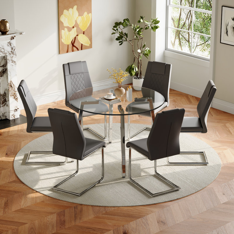 Glass Top Dining Set, Gray/Silver, 7, Silver