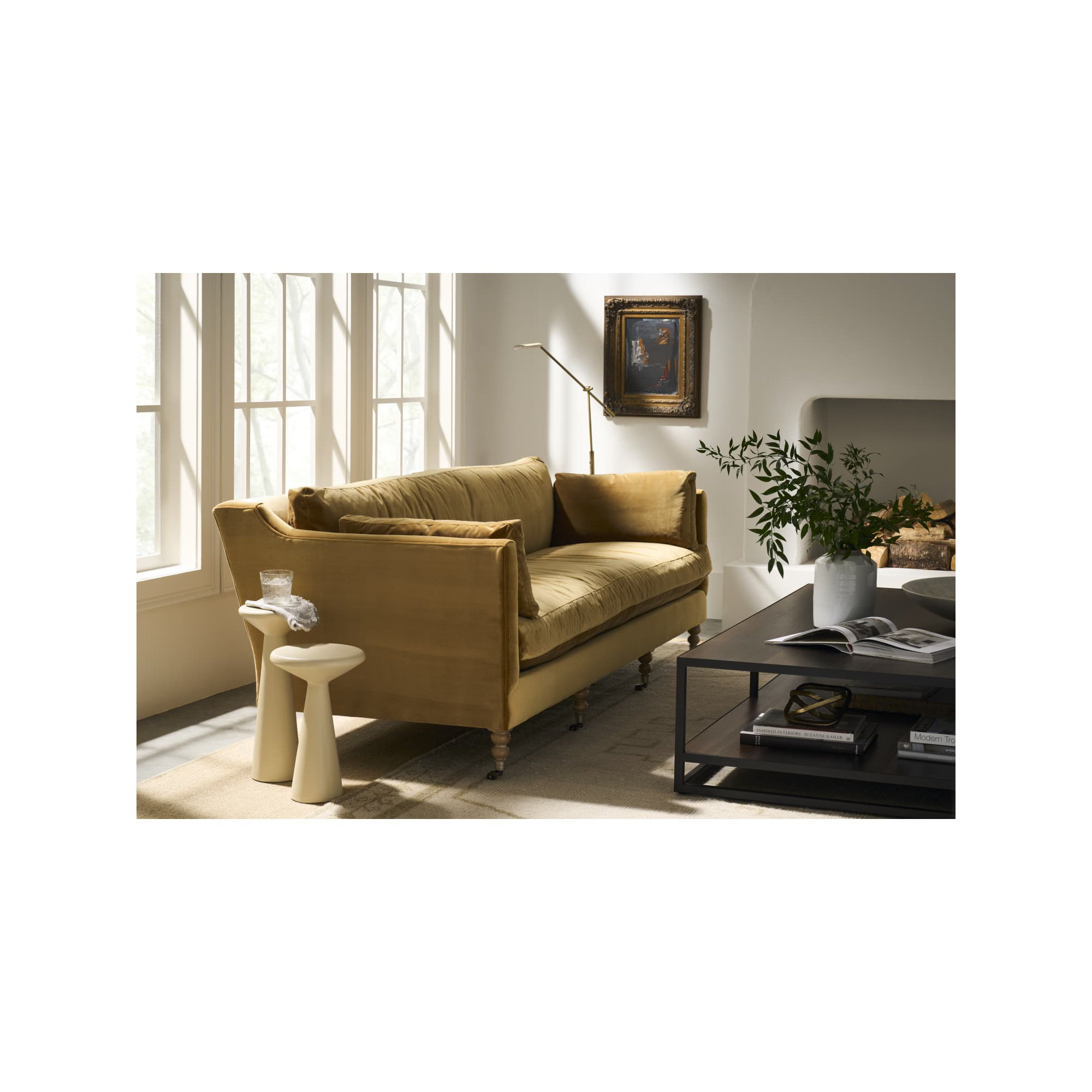 Madeline Sofa, Brass, Washed Oak, 34"H x 90"W x 40"D