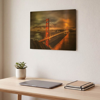 «Golden Gate Evening» par John Gavrilis, art mural en métal doré, 16 po x 12 po