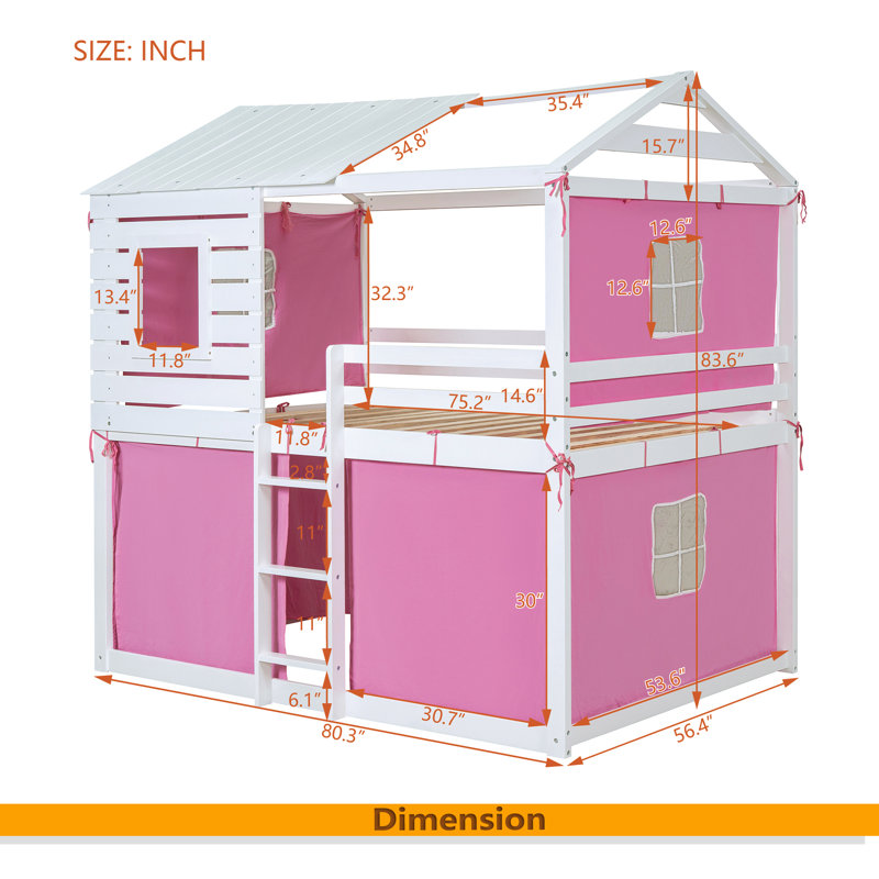 Lit superposé en bois avec tente, Rose, Lit double