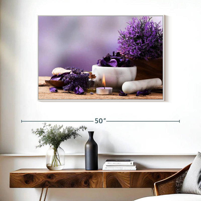 Lavande apaisante, 40 po x 27 po, Cadre flottant blanc
