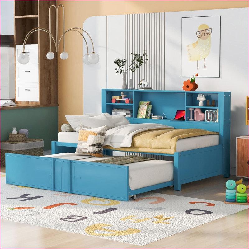 Twin Size Metal Daybed with Trundle, No Box Spring Needed, Storage Shelves USB Ports Blue for Small Space Guest Room, Blue