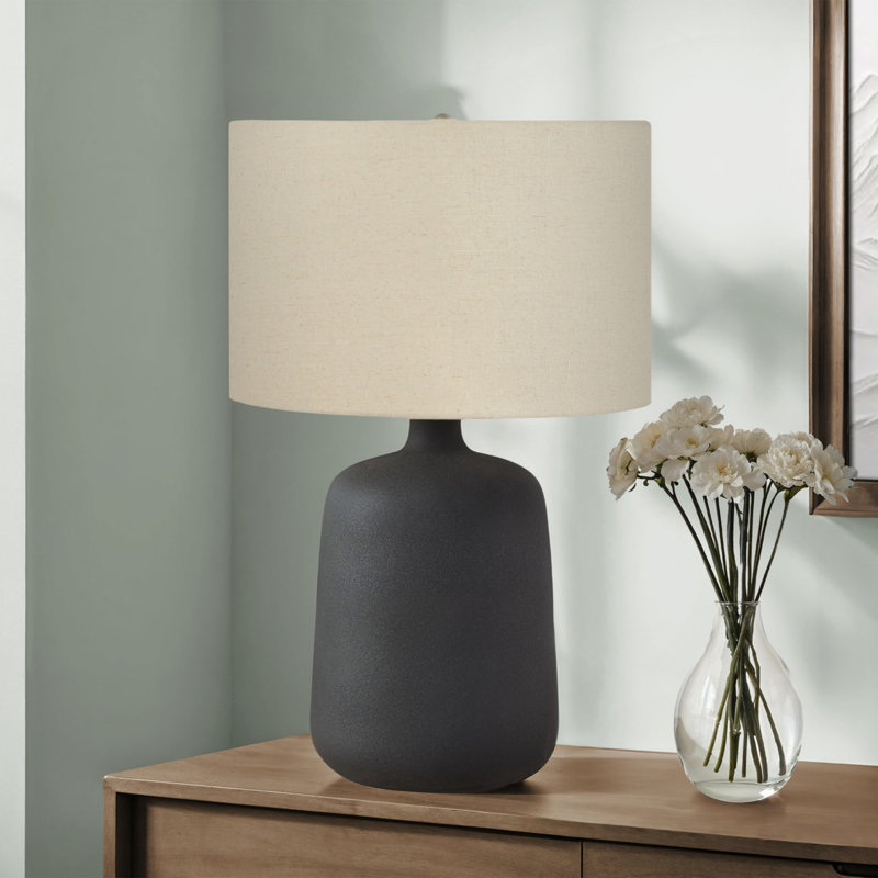 H 24 po, lampe de table, céramique noire, abat-jour beige, contemporain, éclairage, lampe de table